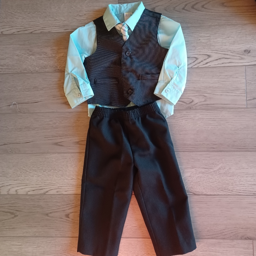 Healthtex Baby 4 Piece Light Aqua Button Down Shirt Tie Black Pants Vest 18m